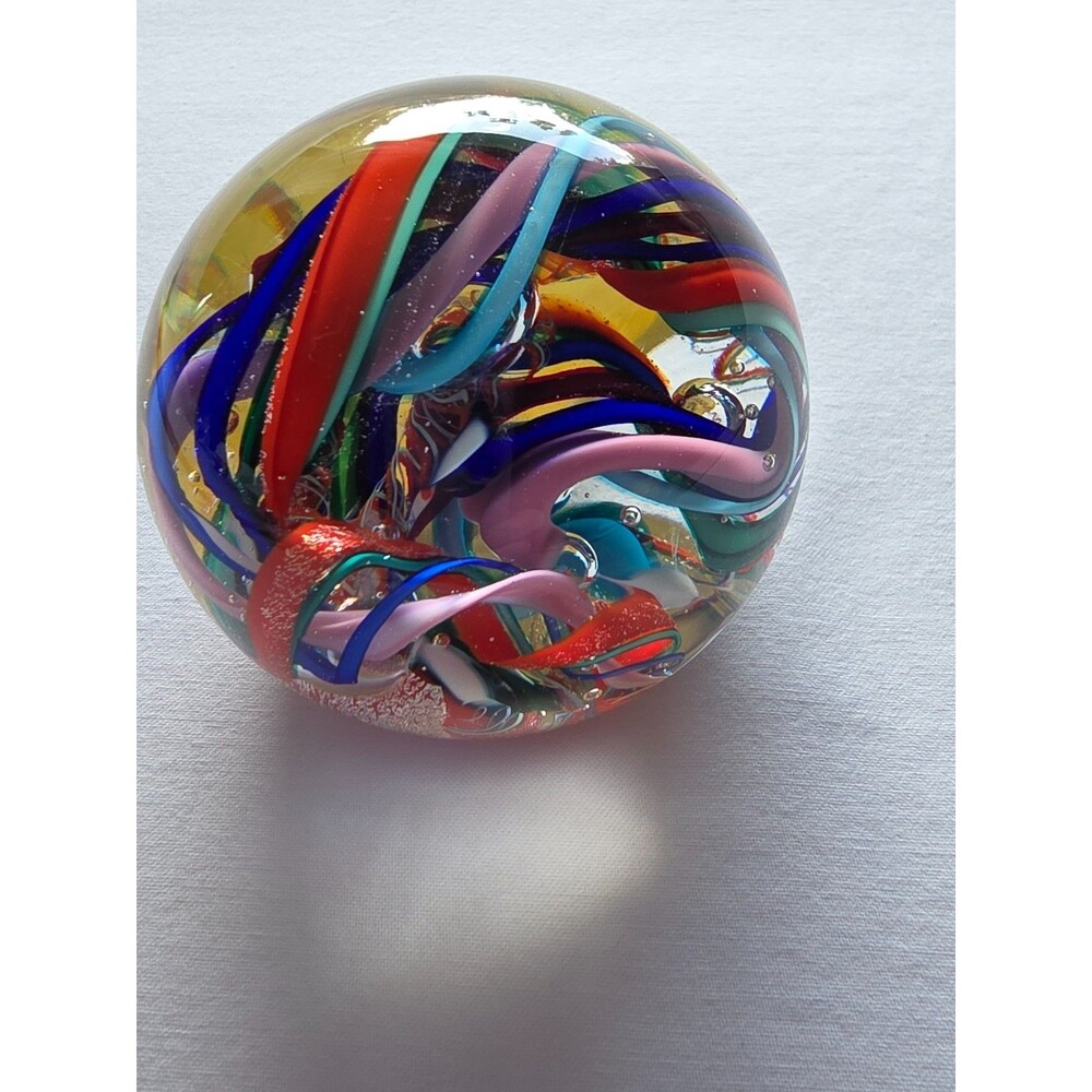 Karg Signed Studio Art Glass Paperweight Multicolor Abstract Ribbon Cane 3 Inch